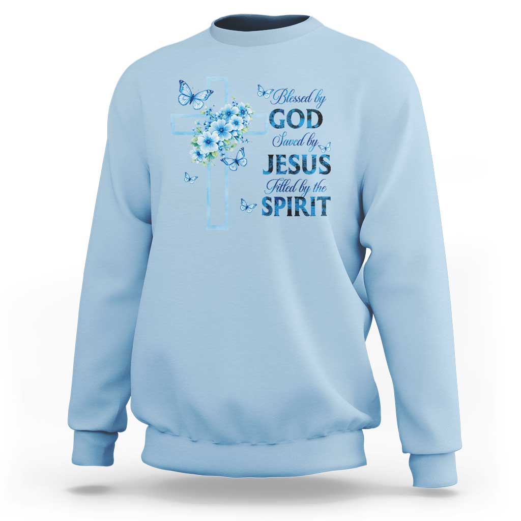 Christian Jesus Sweatshirt Blessed By God Saved By Jesus Blue Floral Cross Butterfly Art