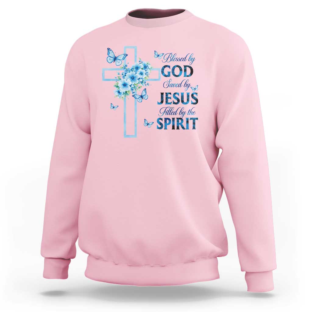 Christian Jesus Sweatshirt Blessed By God Saved By Jesus Blue Floral Cross Butterfly Art