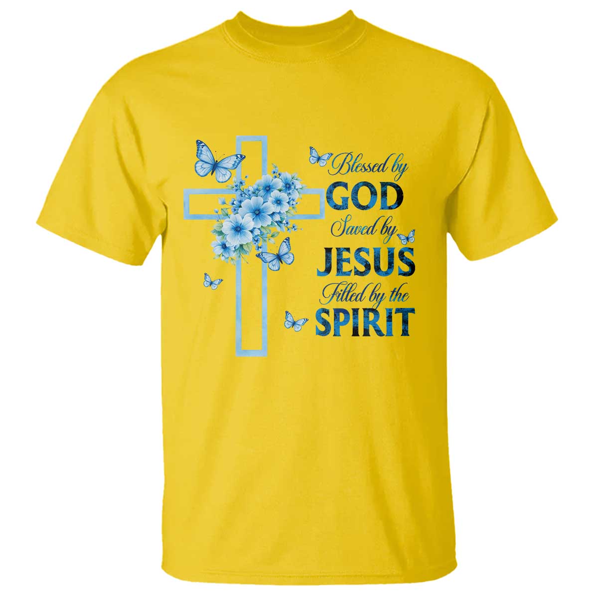Christian Jesus T Shirt Blessed By God Saved By Jesus Blue Floral Cross Butterfly Art