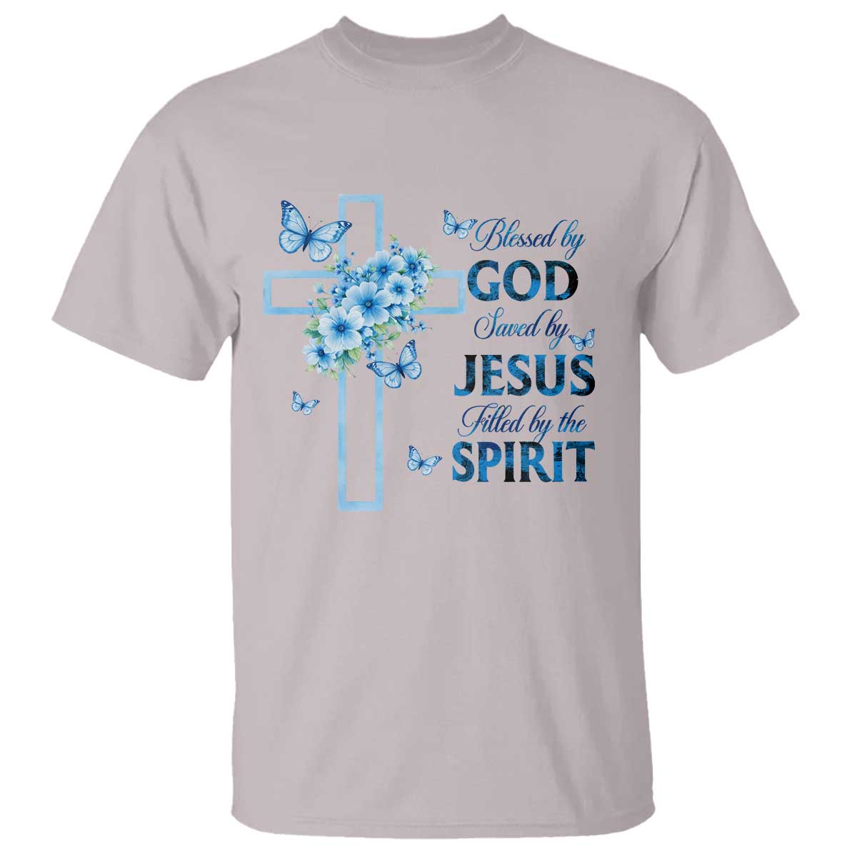 Christian Jesus T Shirt Blessed By God Saved By Jesus Blue Floral Cross Butterfly Art
