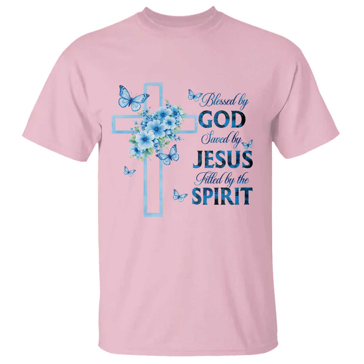 Christian Jesus T Shirt Blessed By God Saved By Jesus Blue Floral Cross Butterfly Art