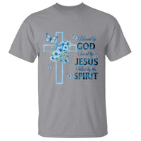 Christian Jesus T Shirt Blessed By God Saved By Jesus Blue Floral Cross Butterfly Art