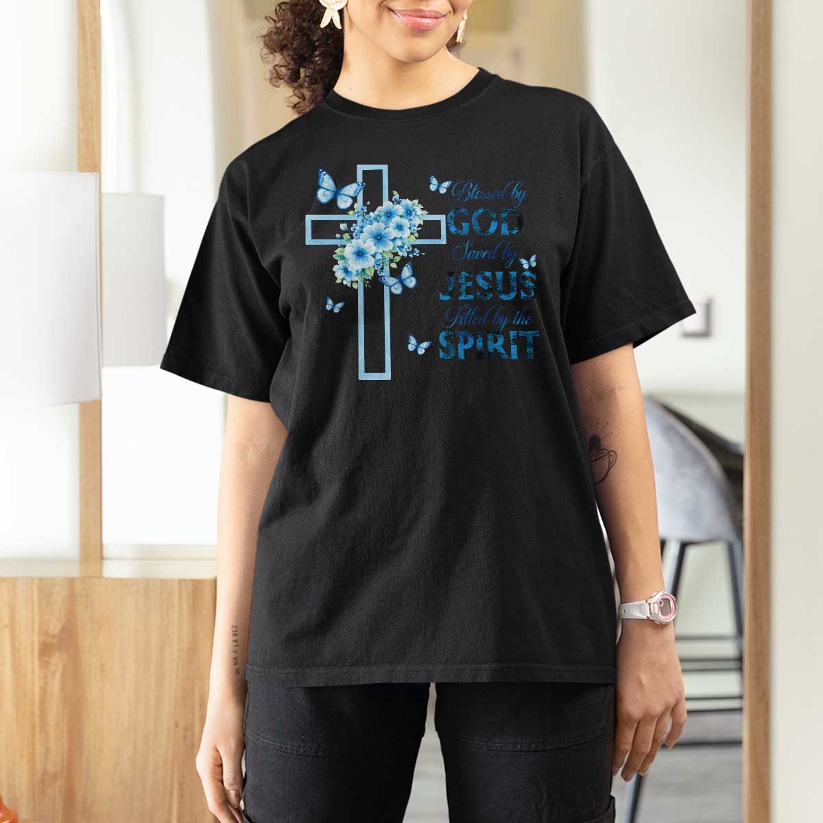 Christian Jesus T Shirt For Women Blessed By God Saved By Jesus Blue Floral Cross Butterfly Art