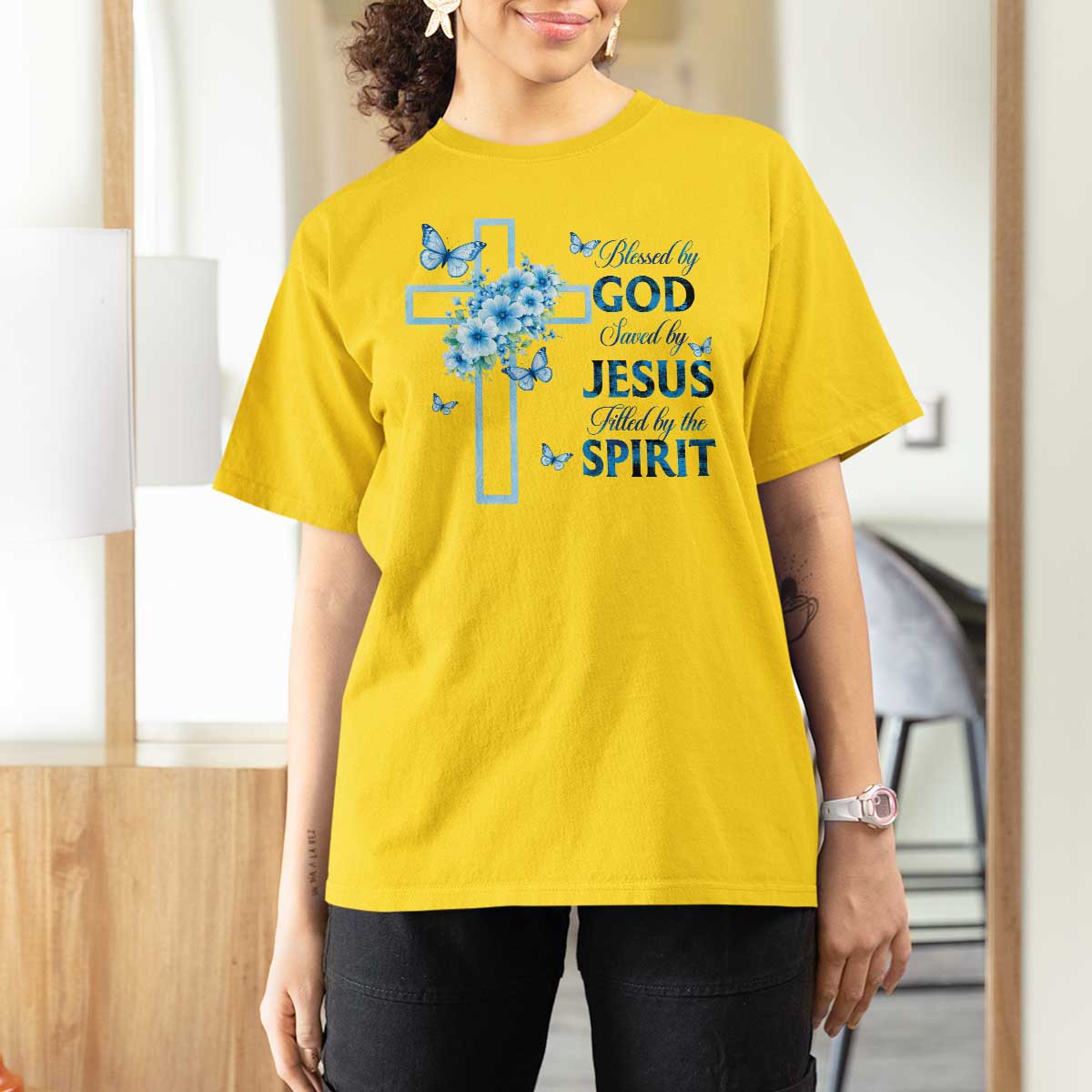 Christian Jesus T Shirt For Women Blessed By God Saved By Jesus Blue Floral Cross Butterfly Art