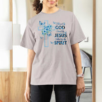 Christian Jesus T Shirt For Women Blessed By God Saved By Jesus Blue Floral Cross Butterfly Art
