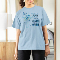 Christian Jesus T Shirt For Women Blessed By God Saved By Jesus Blue Floral Cross Butterfly Art