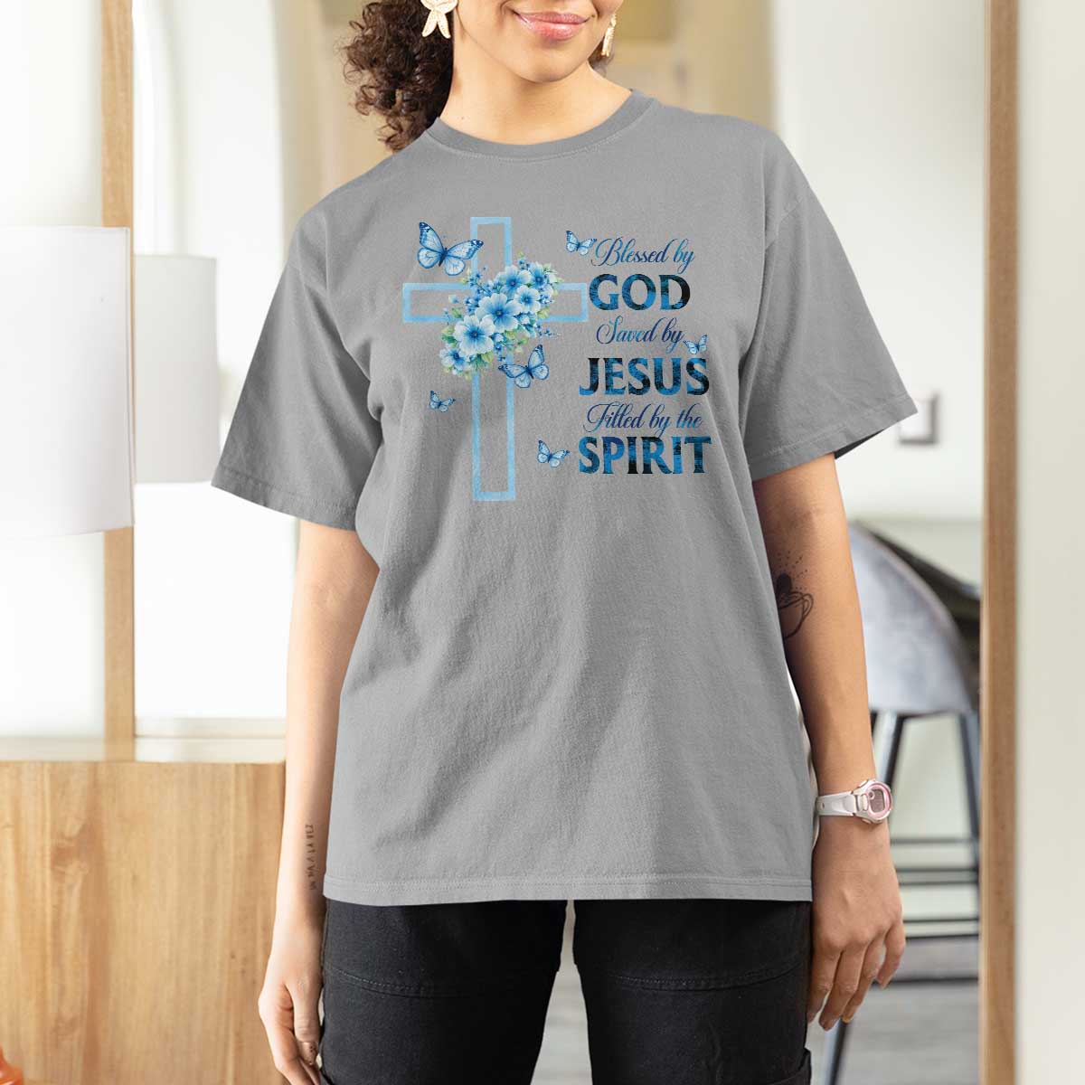 Christian Jesus T Shirt For Women Blessed By God Saved By Jesus Blue Floral Cross Butterfly Art