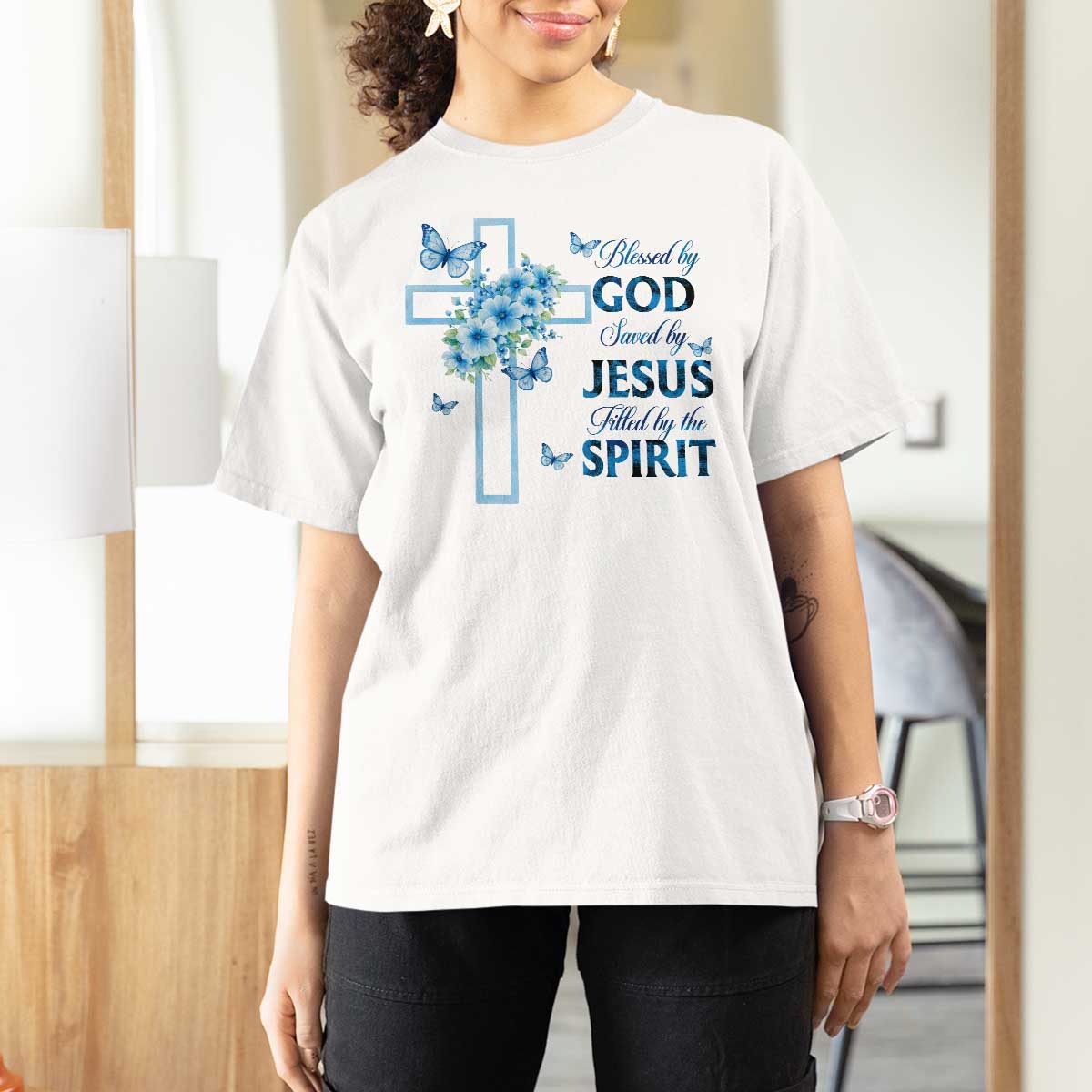 Christian Jesus T Shirt For Women Blessed By God Saved By Jesus Blue Floral Cross Butterfly Art