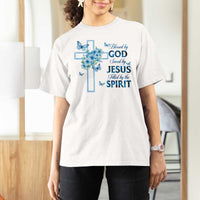 Christian Jesus T Shirt For Women Blessed By God Saved By Jesus Blue Floral Cross Butterfly Art