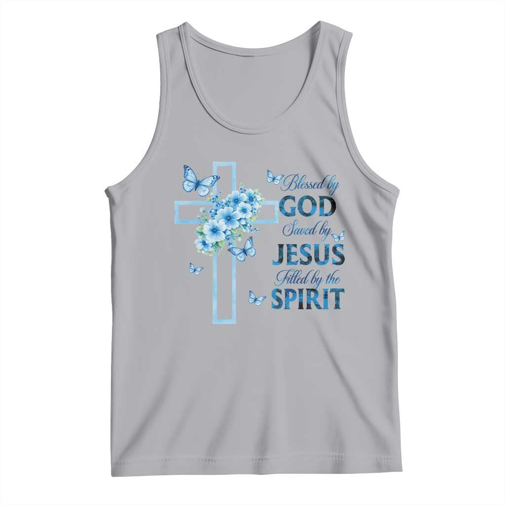 Christian Jesus Tank Top Blessed By God Saved By Jesus Blue Floral Cross Butterfly Art