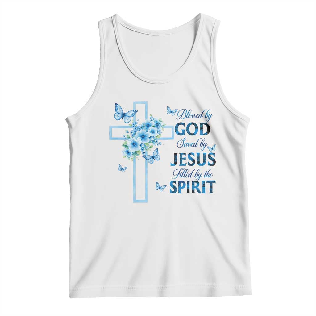 Christian Jesus Tank Top Blessed By God Saved By Jesus Blue Floral Cross Butterfly Art