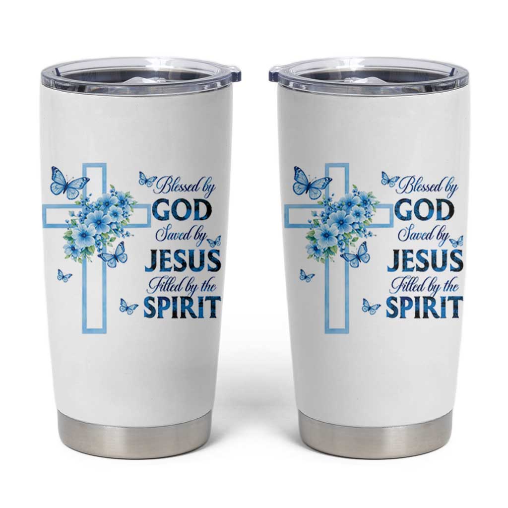 Christian Jesus Tumbler Cup Blessed By God Saved By Jesus Blue Floral Cross Butterfly Art