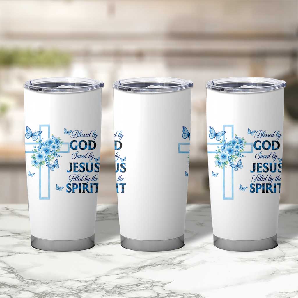 Christian Jesus Tumbler Cup Blessed By God Saved By Jesus Blue Floral Cross Butterfly Art