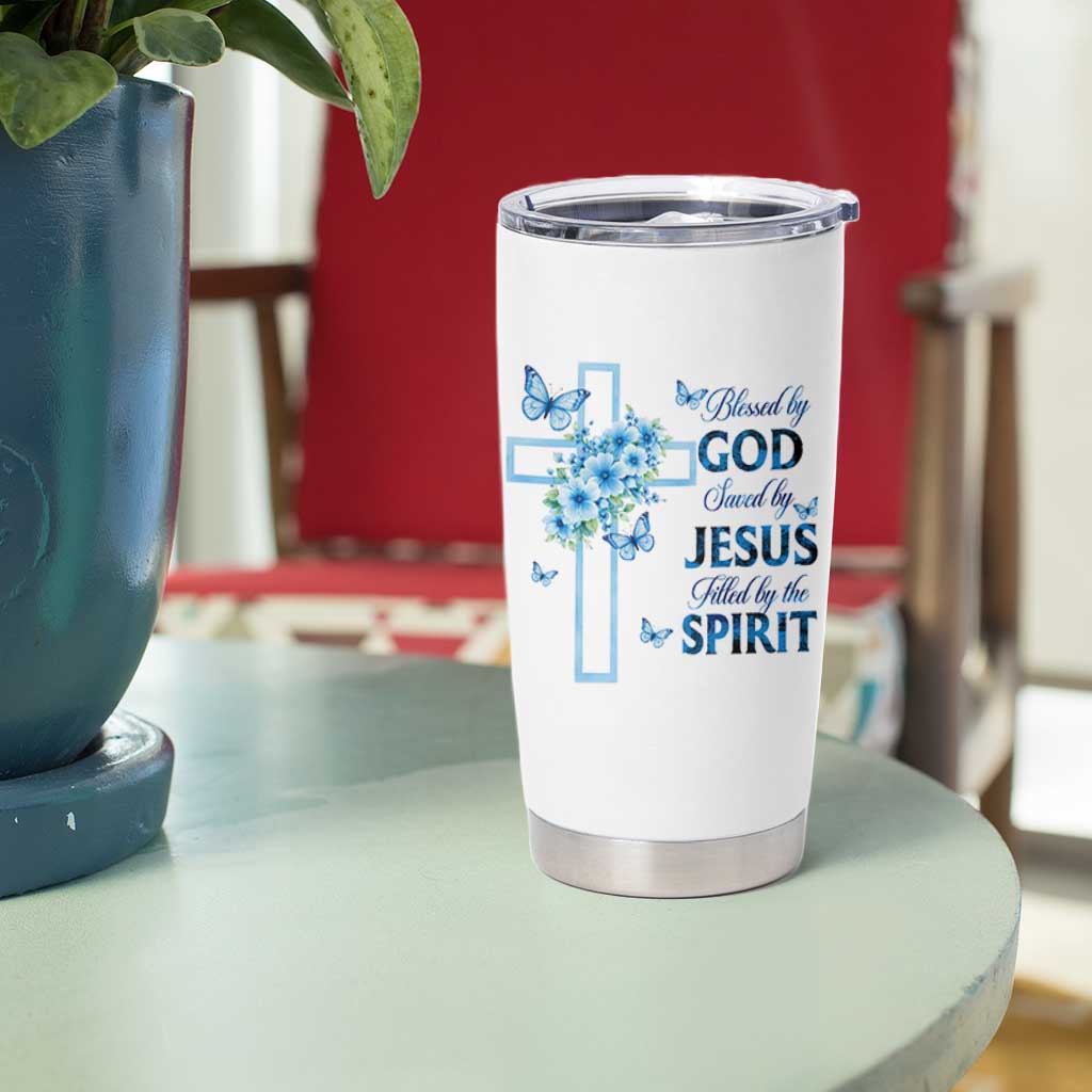 Christian Jesus Tumbler Cup Blessed By God Saved By Jesus Blue Floral Cross Butterfly Art