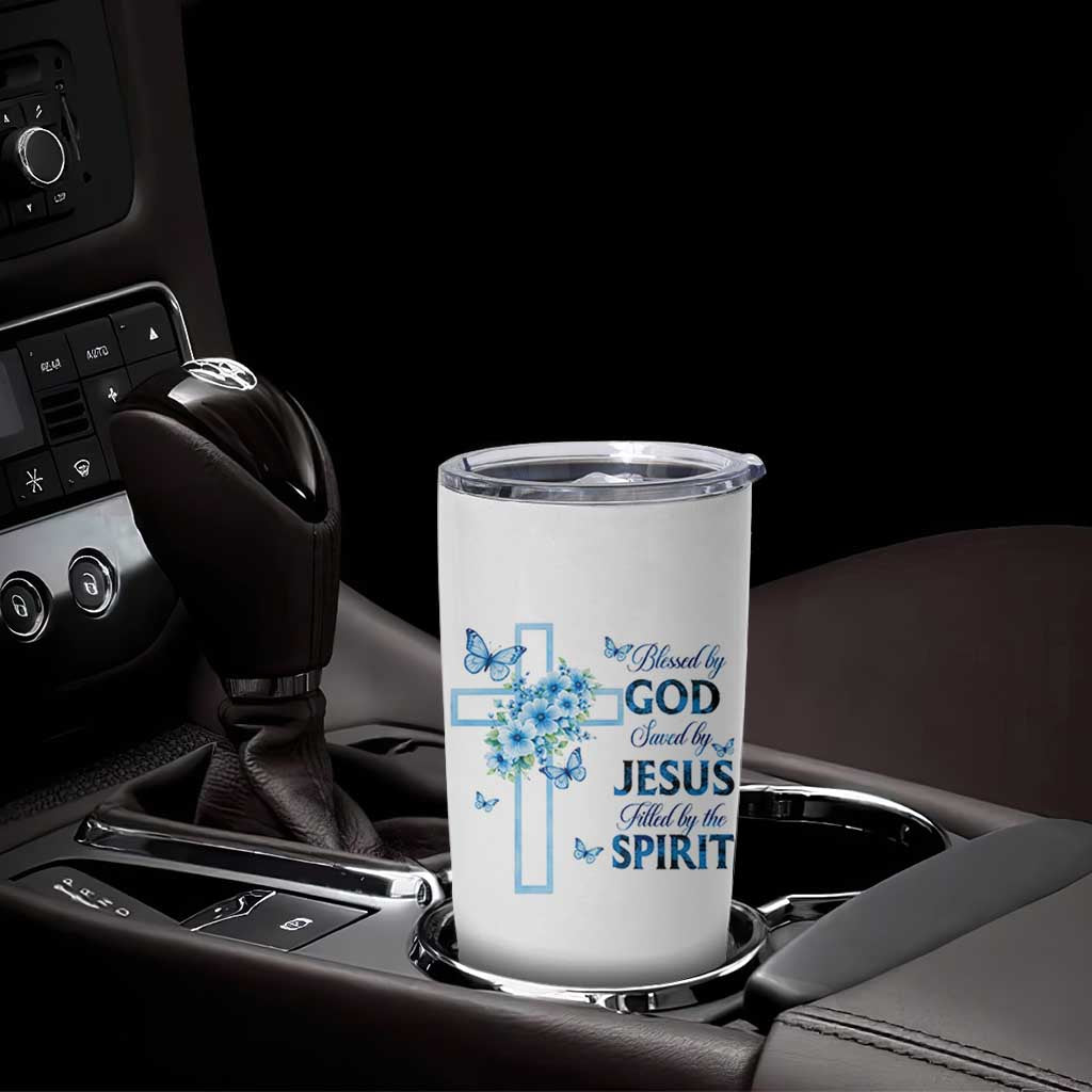Christian Jesus Tumbler Cup Blessed By God Saved By Jesus Blue Floral Cross Butterfly Art
