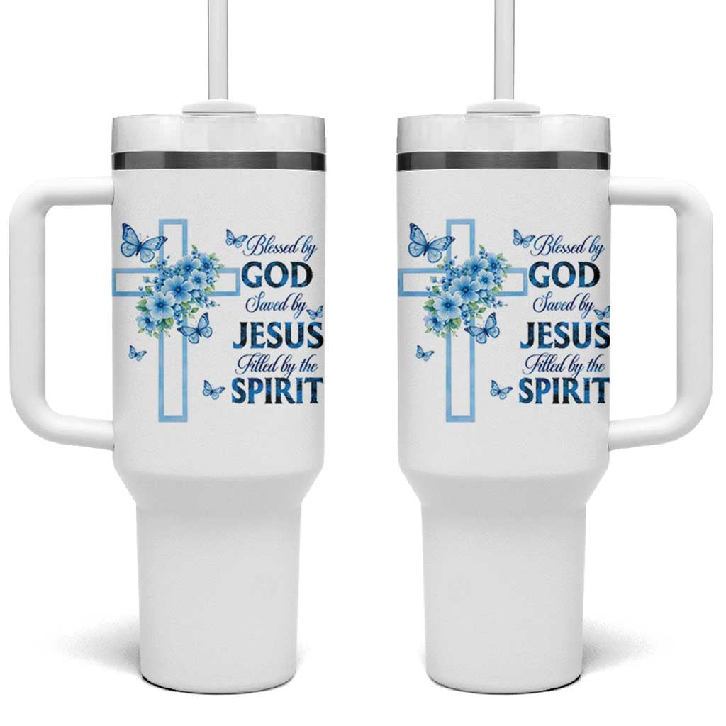 Christian Jesus Tumbler With Handle Blessed By God Saved By Jesus Blue Floral Cross Butterfly Art