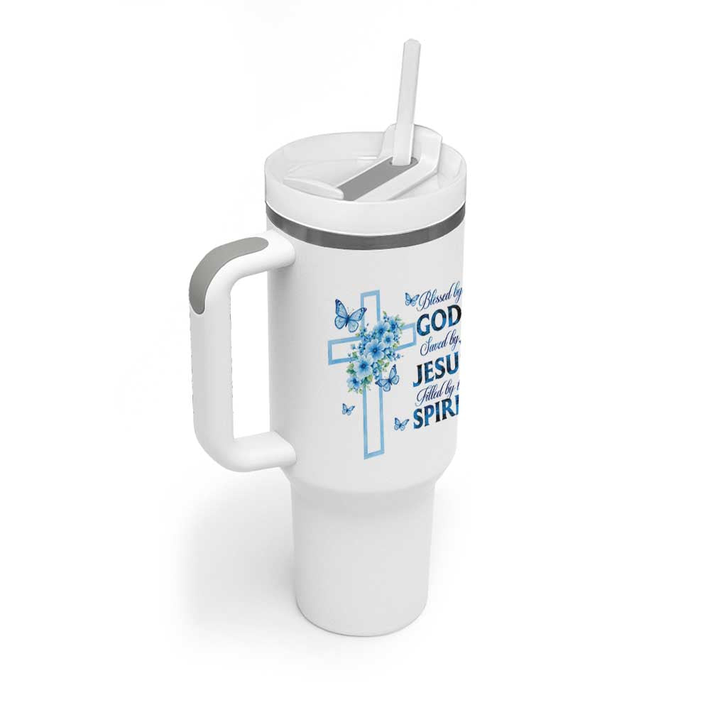 Christian Jesus Tumbler With Handle Blessed By God Saved By Jesus Blue Floral Cross Butterfly Art