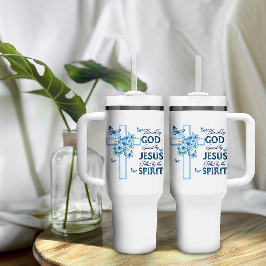 Christian Jesus Tumbler With Handle Blessed By God Saved By Jesus Blue Floral Cross Butterfly Art