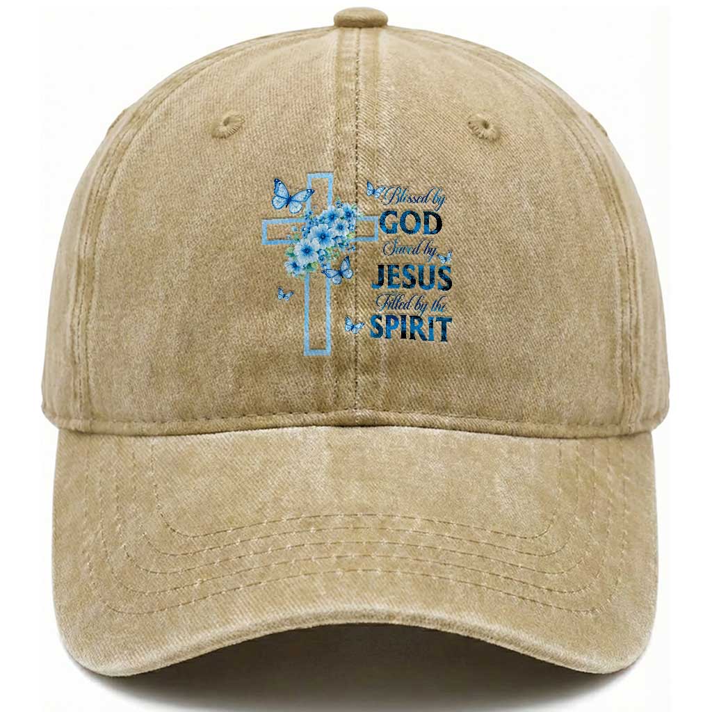Christian Jesus Washed Cotton Baseball Cap Blessed By God Saved By Jesus Blue Floral Cross Butterfly Art