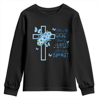 Christian Jesus Youth Sweatshirt Blessed By God Saved By Jesus Blue Floral Cross Butterfly Art