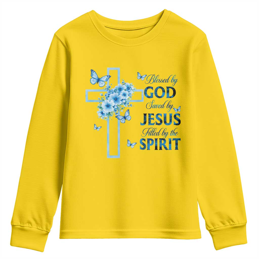 Christian Jesus Youth Sweatshirt Blessed By God Saved By Jesus Blue Floral Cross Butterfly Art