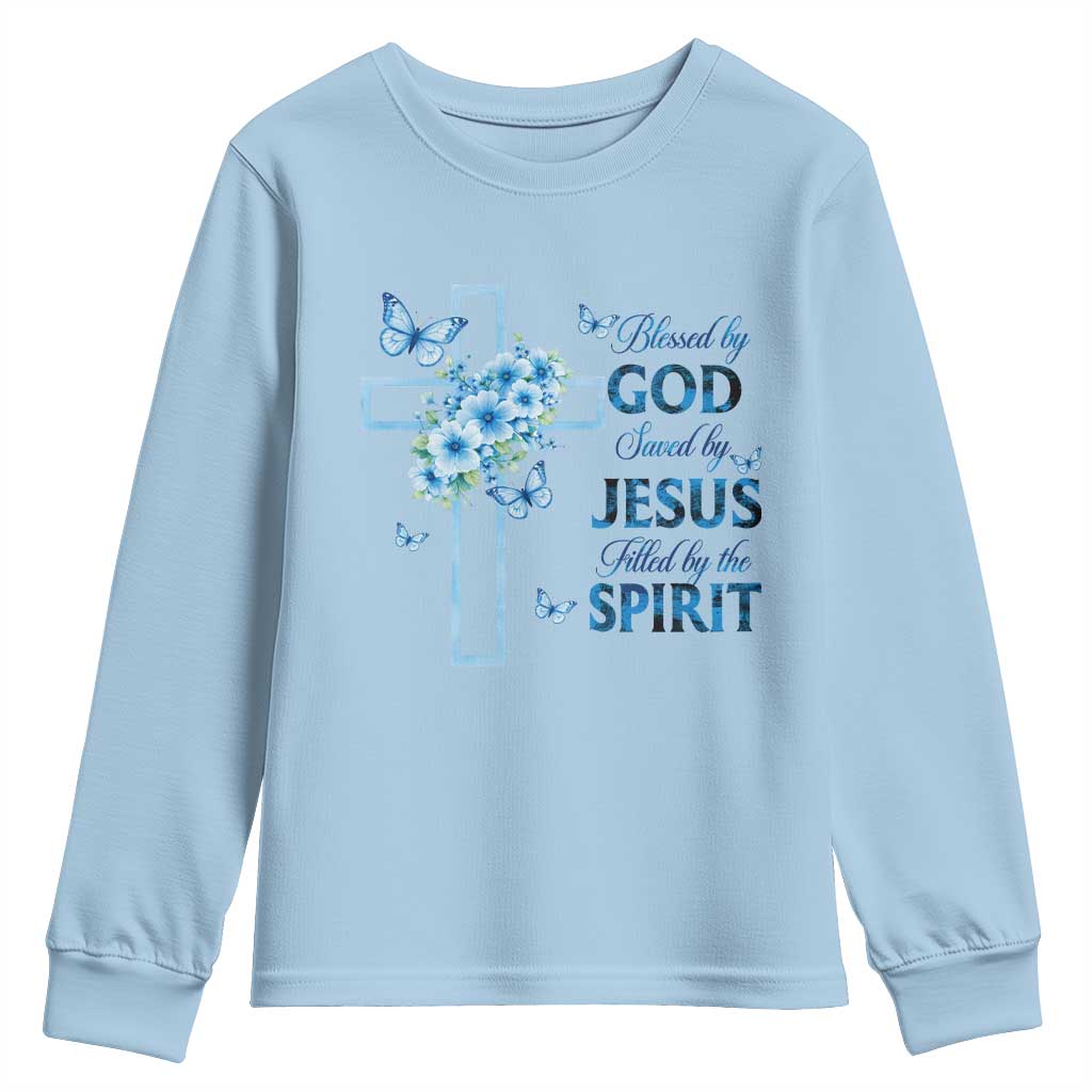 Christian Jesus Youth Sweatshirt Blessed By God Saved By Jesus Blue Floral Cross Butterfly Art