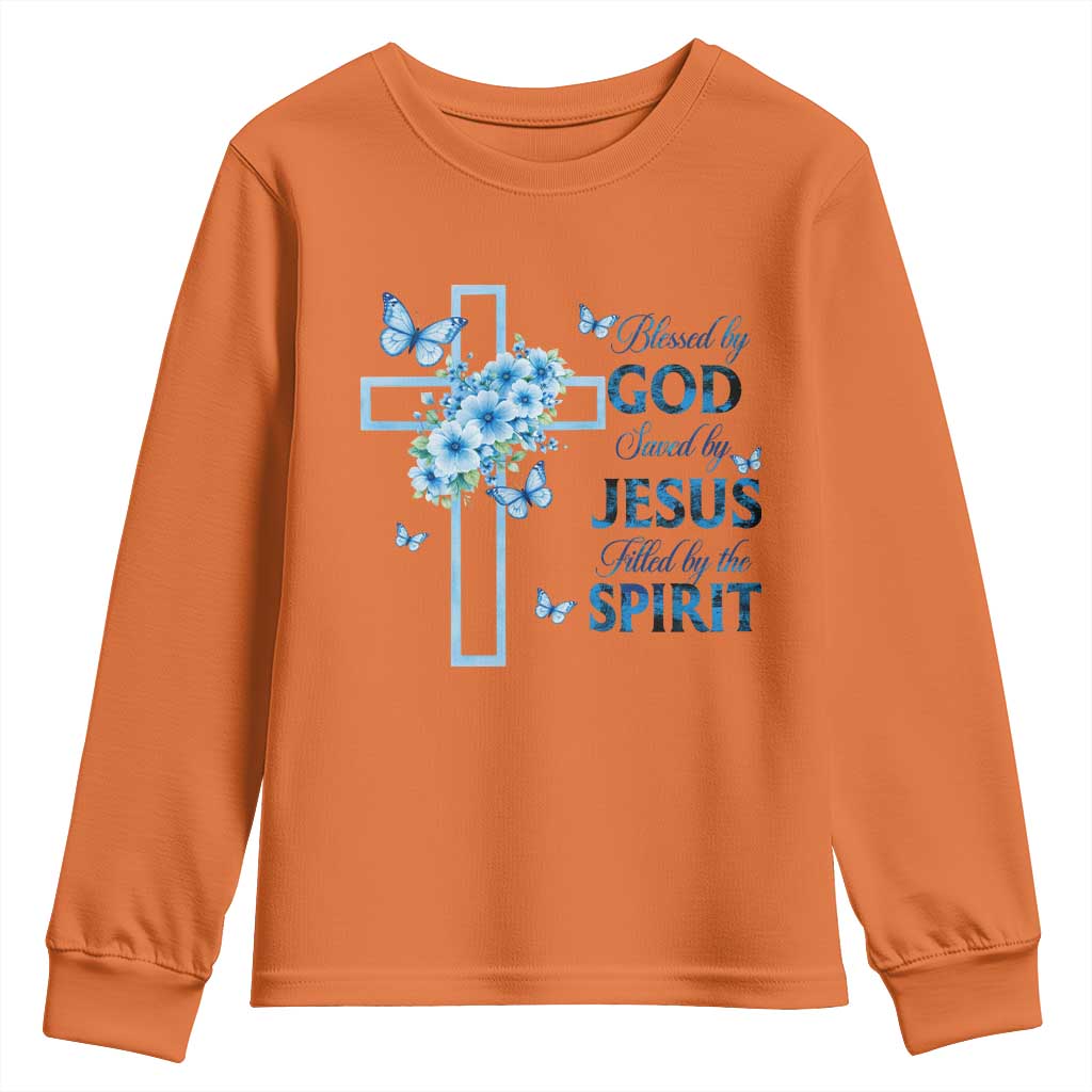 Christian Jesus Youth Sweatshirt Blessed By God Saved By Jesus Blue Floral Cross Butterfly Art