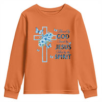 Christian Jesus Youth Sweatshirt Blessed By God Saved By Jesus Blue Floral Cross Butterfly Art