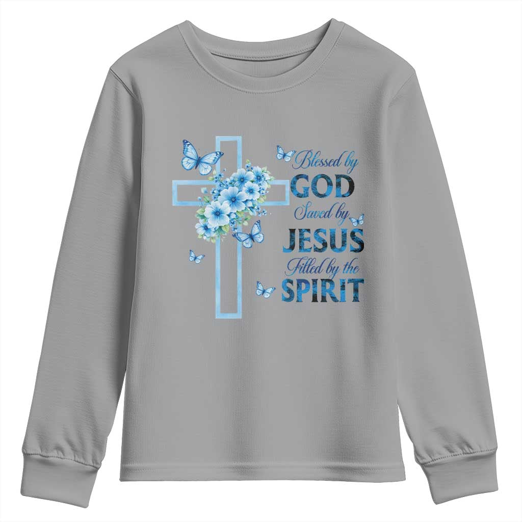 Christian Jesus Youth Sweatshirt Blessed By God Saved By Jesus Blue Floral Cross Butterfly Art