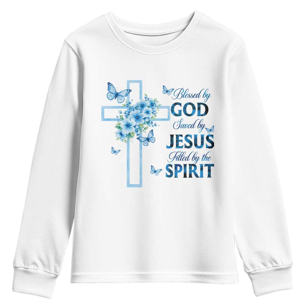 Christian Jesus Youth Sweatshirt Blessed By God Saved By Jesus Blue Floral Cross Butterfly Art