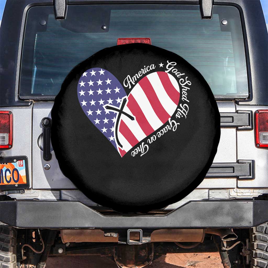 America God Shed His Grace on Thee 4th of July Spare Tire Cover Patriotic American Flag Cross - Wonder Print Shop