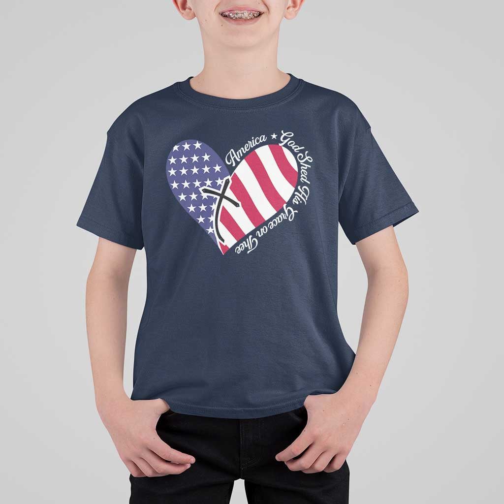 America God Shed His Grace on Thee 4th of July T Shirt For Kid Patriotic American Flag Cross - Wonder Print Shop