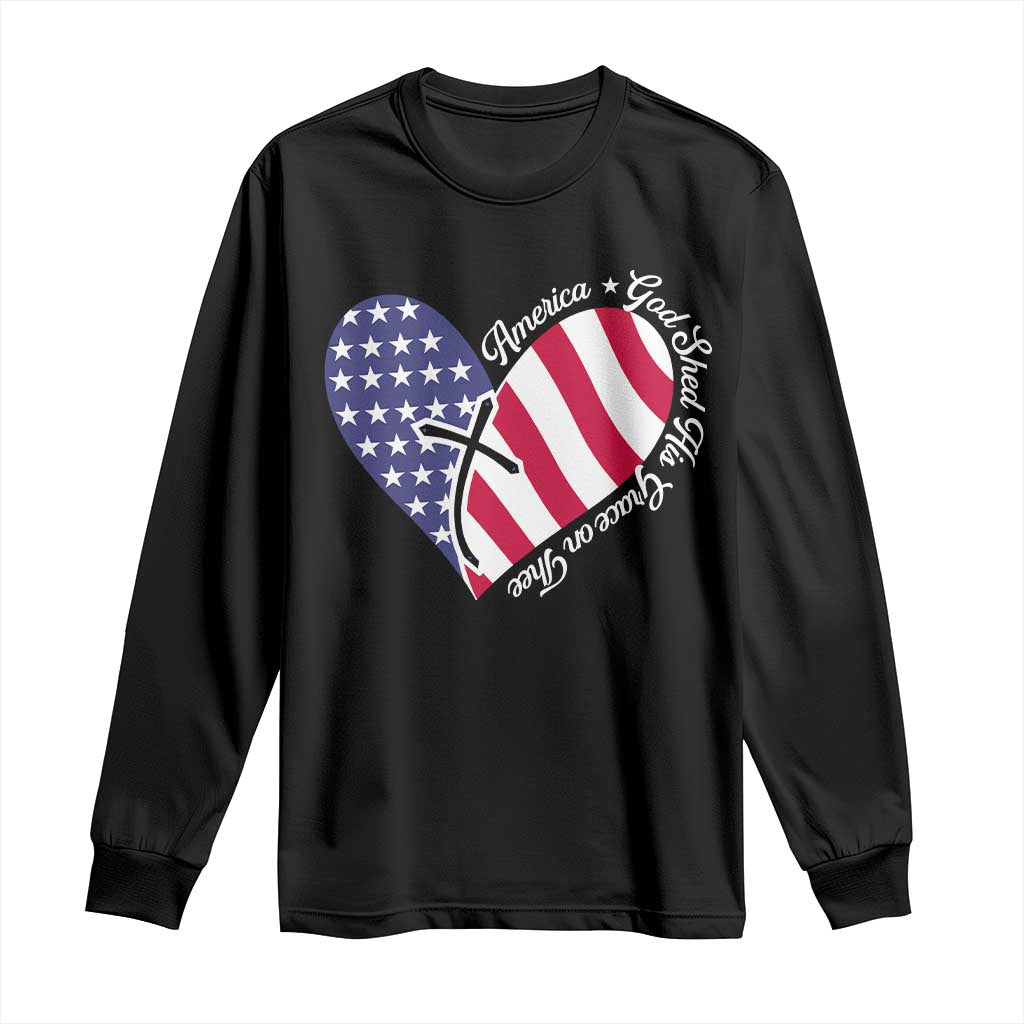 America God Shed His Grace on Thee 4th of July Long Sleeve Shirt Patriotic American Flag Cross - Wonder Print Shop