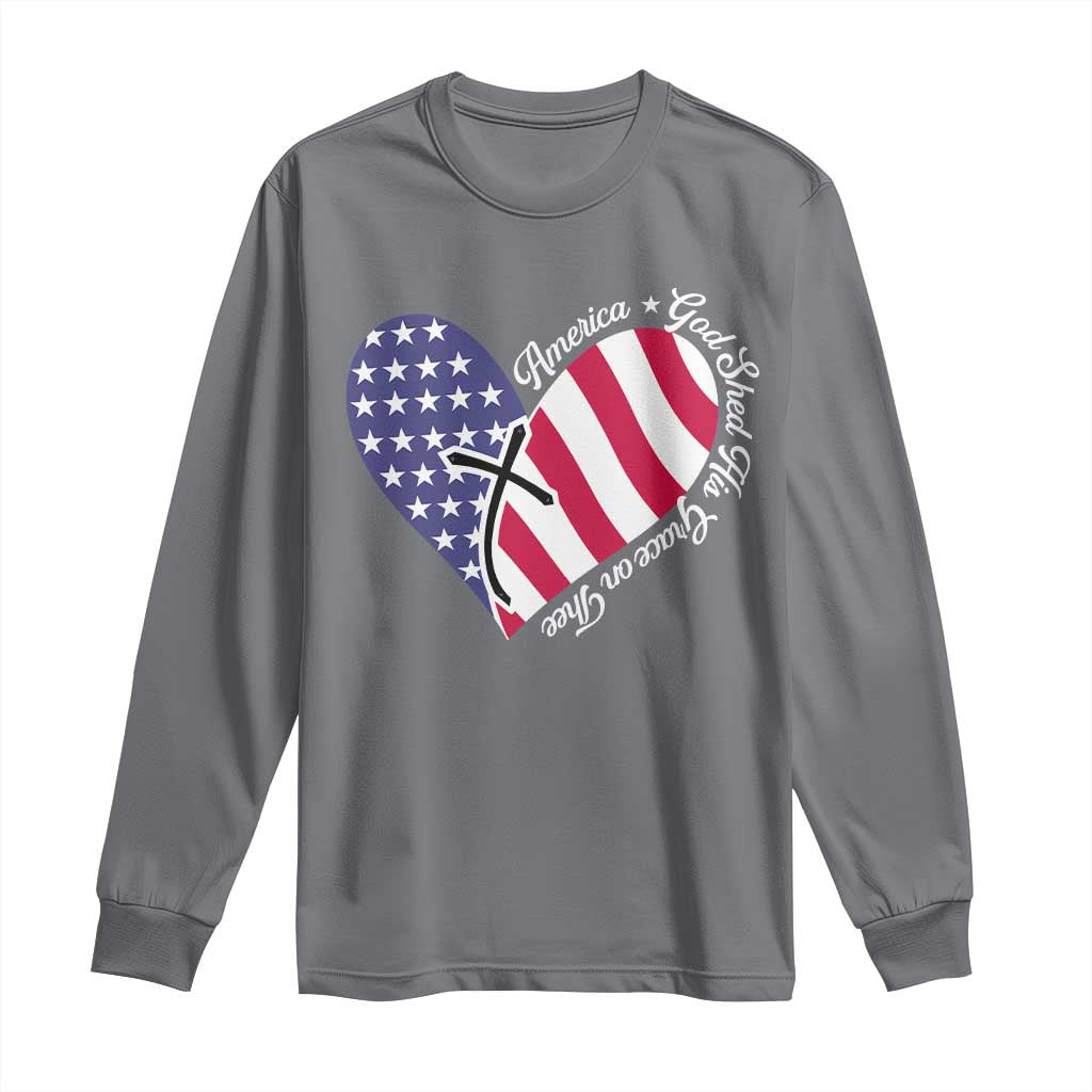 America God Shed His Grace on Thee 4th of July Long Sleeve Shirt Patriotic American Flag Cross - Wonder Print Shop