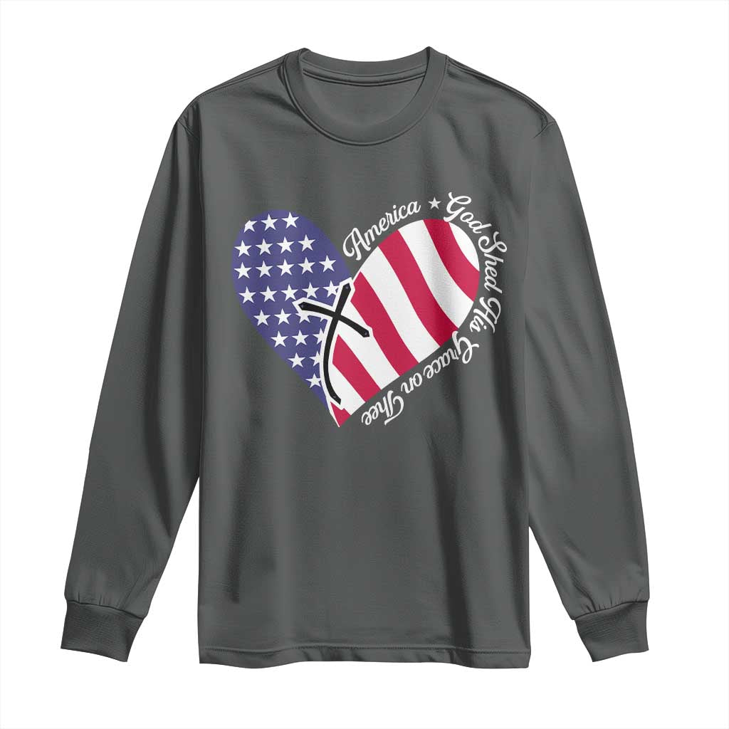 America God Shed His Grace on Thee 4th of July Long Sleeve Shirt Patriotic American Flag Cross - Wonder Print Shop