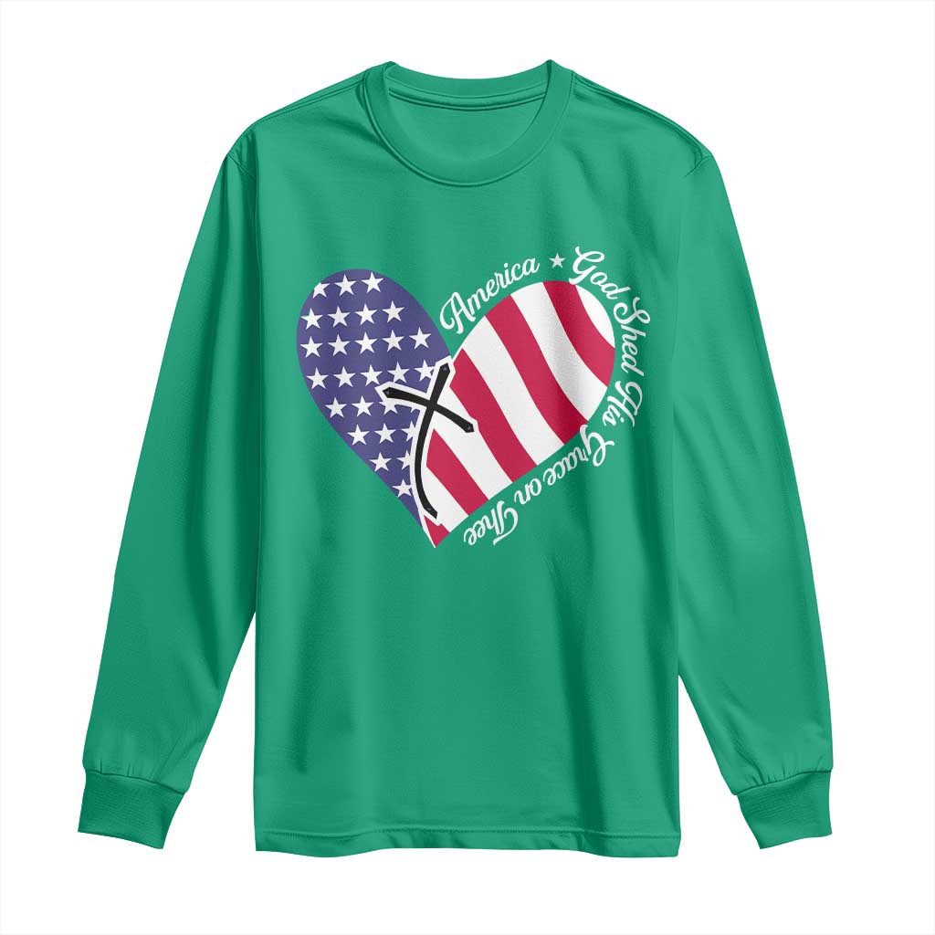 America God Shed His Grace on Thee 4th of July Long Sleeve Shirt Patriotic American Flag Cross - Wonder Print Shop
