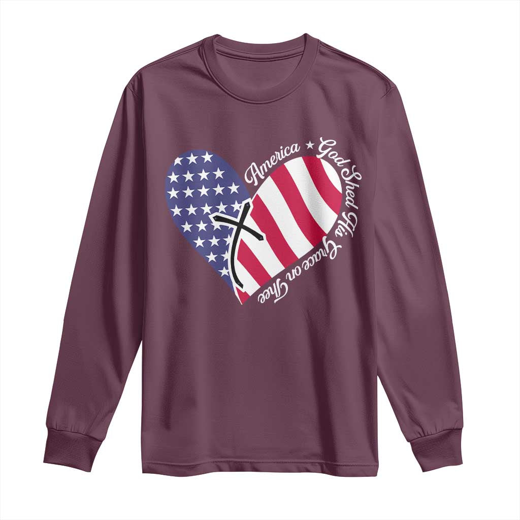 America God Shed His Grace on Thee 4th of July Long Sleeve Shirt Patriotic American Flag Cross - Wonder Print Shop
