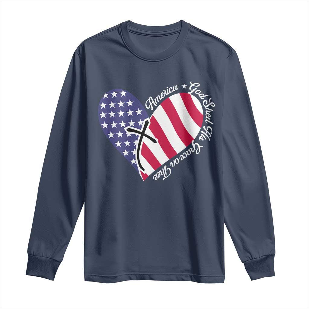 America God Shed His Grace on Thee 4th of July Long Sleeve Shirt Patriotic American Flag Cross - Wonder Print Shop