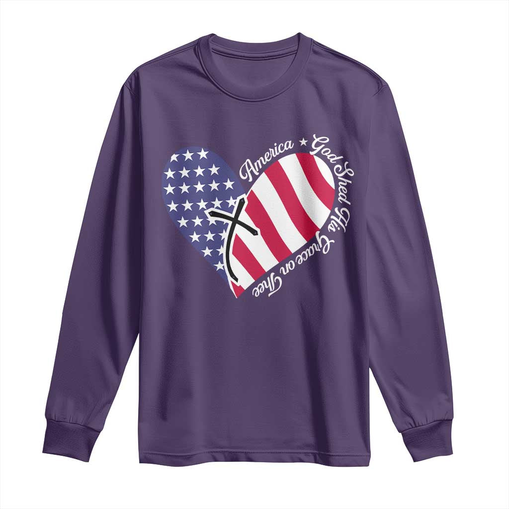 America God Shed His Grace on Thee 4th of July Long Sleeve Shirt Patriotic American Flag Cross - Wonder Print Shop