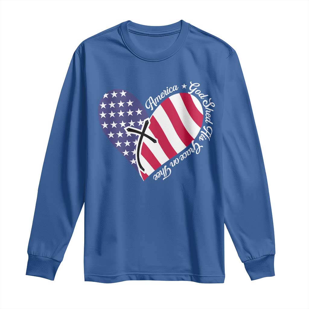 America God Shed His Grace on Thee 4th of July Long Sleeve Shirt Patriotic American Flag Cross - Wonder Print Shop
