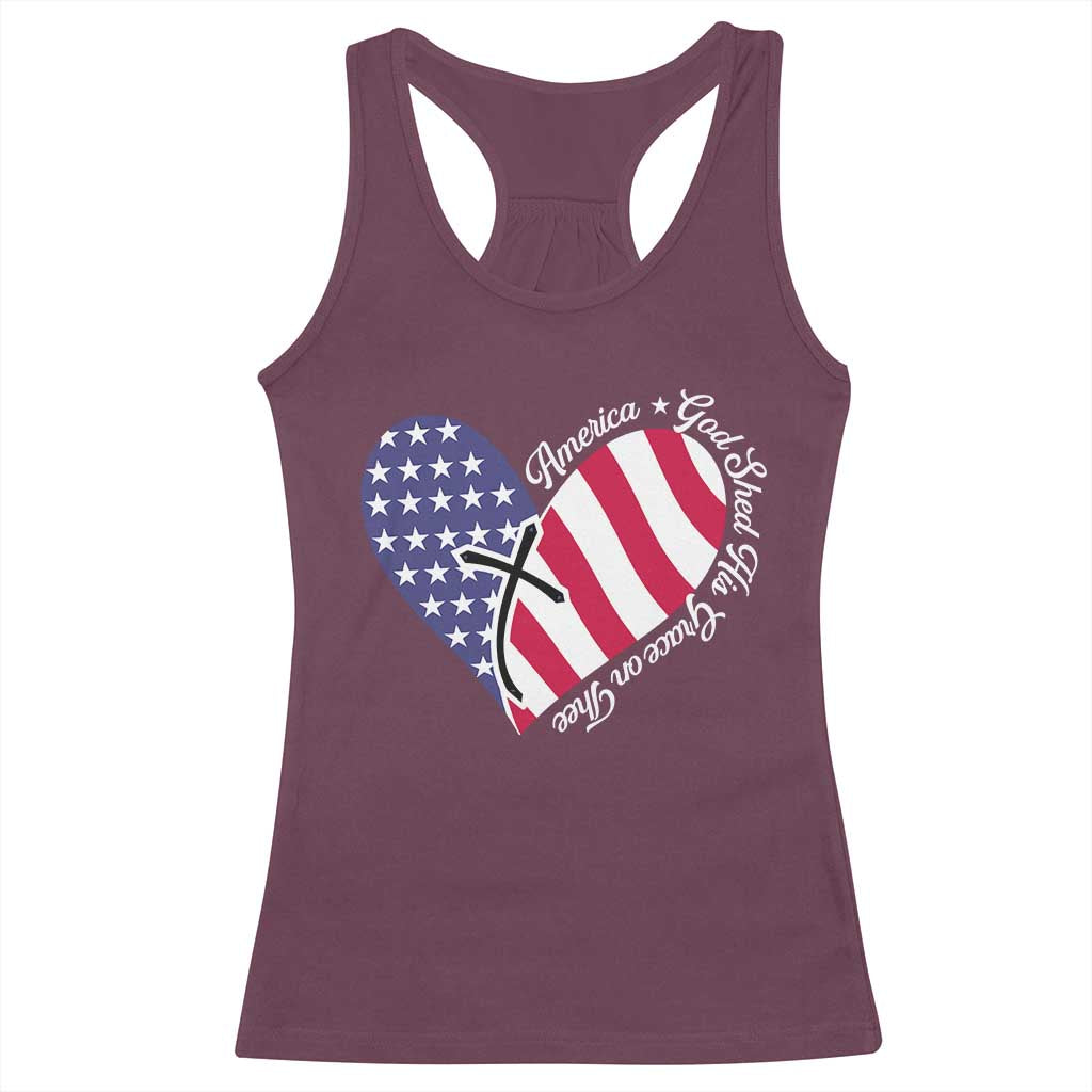 America God Shed His Grace on Thee 4th of July Racerback Tank Top Patriotic American Flag Cross - Wonder Print Shop