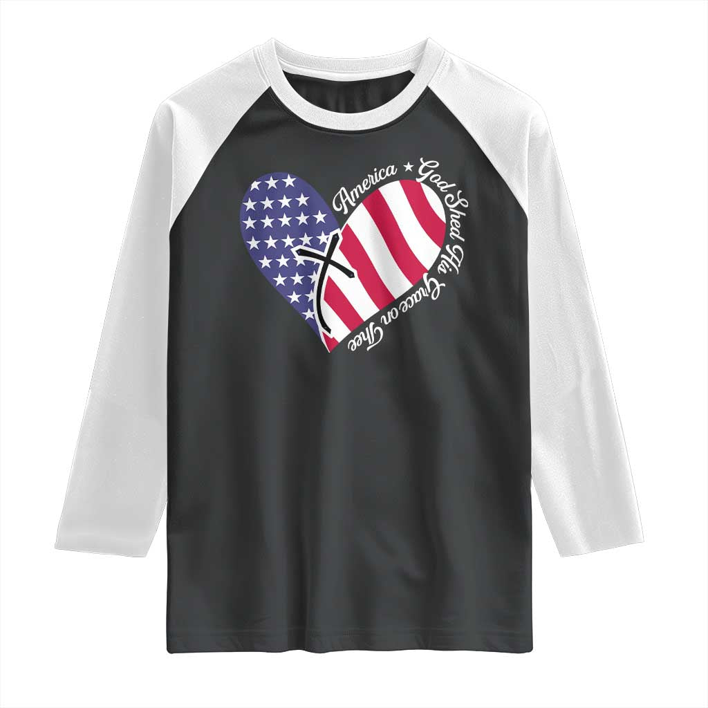 America God Shed His Grace on Thee 4th of July Raglan Shirt Patriotic American Flag Cross - Wonder Print Shop