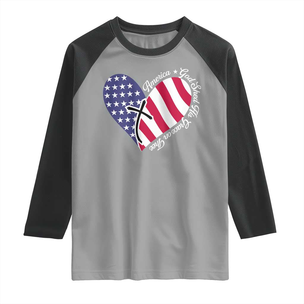 America God Shed His Grace on Thee 4th of July Raglan Shirt Patriotic American Flag Cross - Wonder Print Shop