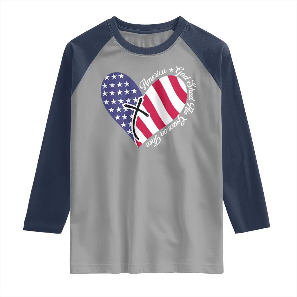 America God Shed His Grace on Thee 4th of July Raglan Shirt Patriotic American Flag Cross - Wonder Print Shop