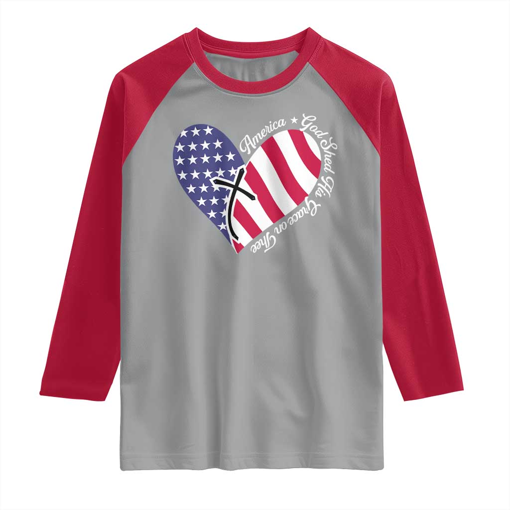 America God Shed His Grace on Thee 4th of July Raglan Shirt Patriotic American Flag Cross - Wonder Print Shop