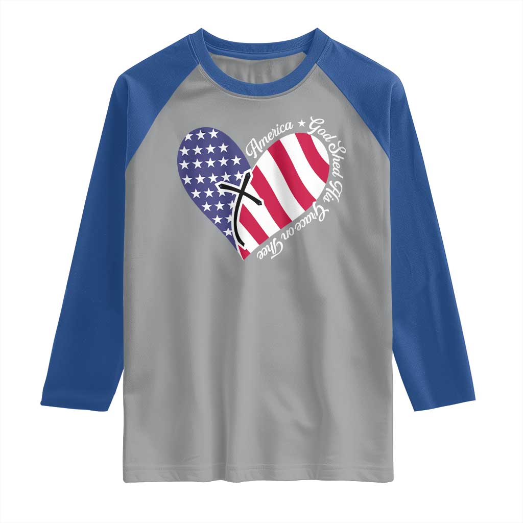 America God Shed His Grace on Thee 4th of July Raglan Shirt Patriotic American Flag Cross - Wonder Print Shop