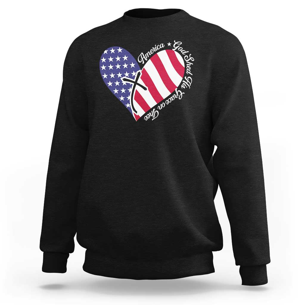 America God Shed His Grace on Thee 4th of July Sweatshirt Patriotic American Flag Cross - Wonder Print Shop