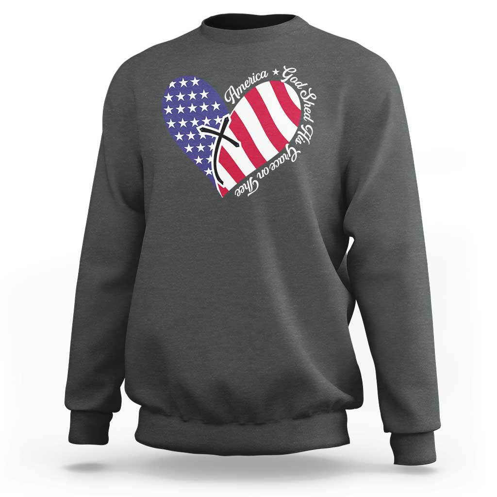 America God Shed His Grace on Thee 4th of July Sweatshirt Patriotic American Flag Cross - Wonder Print Shop