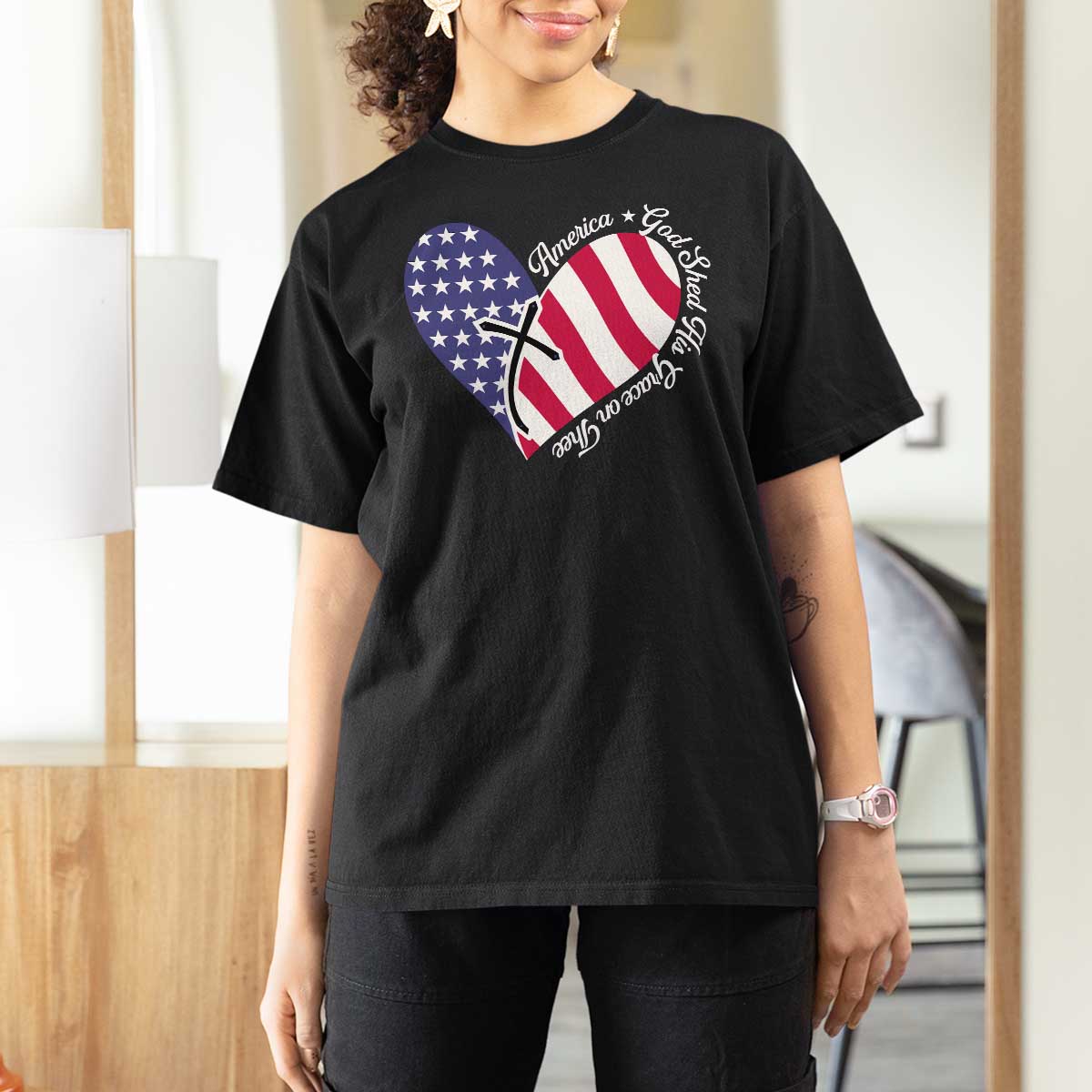 America God Shed His Grace on Thee 4th of July T Shirt For Women Patriotic American Flag Cross - Wonder Print Shop