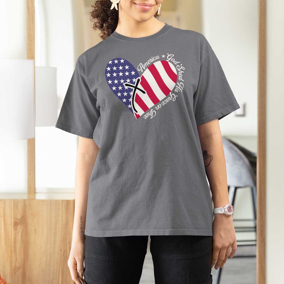 America God Shed His Grace on Thee 4th of July T Shirt For Women Patriotic American Flag Cross - Wonder Print Shop